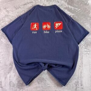 Port & Company Run Bike Pizza Graphic Tee Blue Funny T Shirt XL